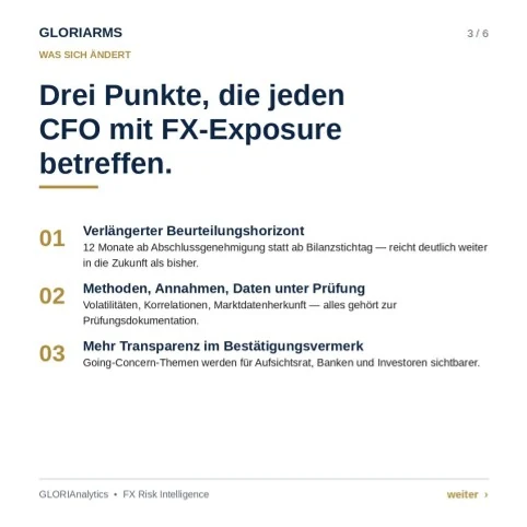 Folie 3 von 6: Drei Punkte, die jeden CFO mit FX-Exposure betreffen.